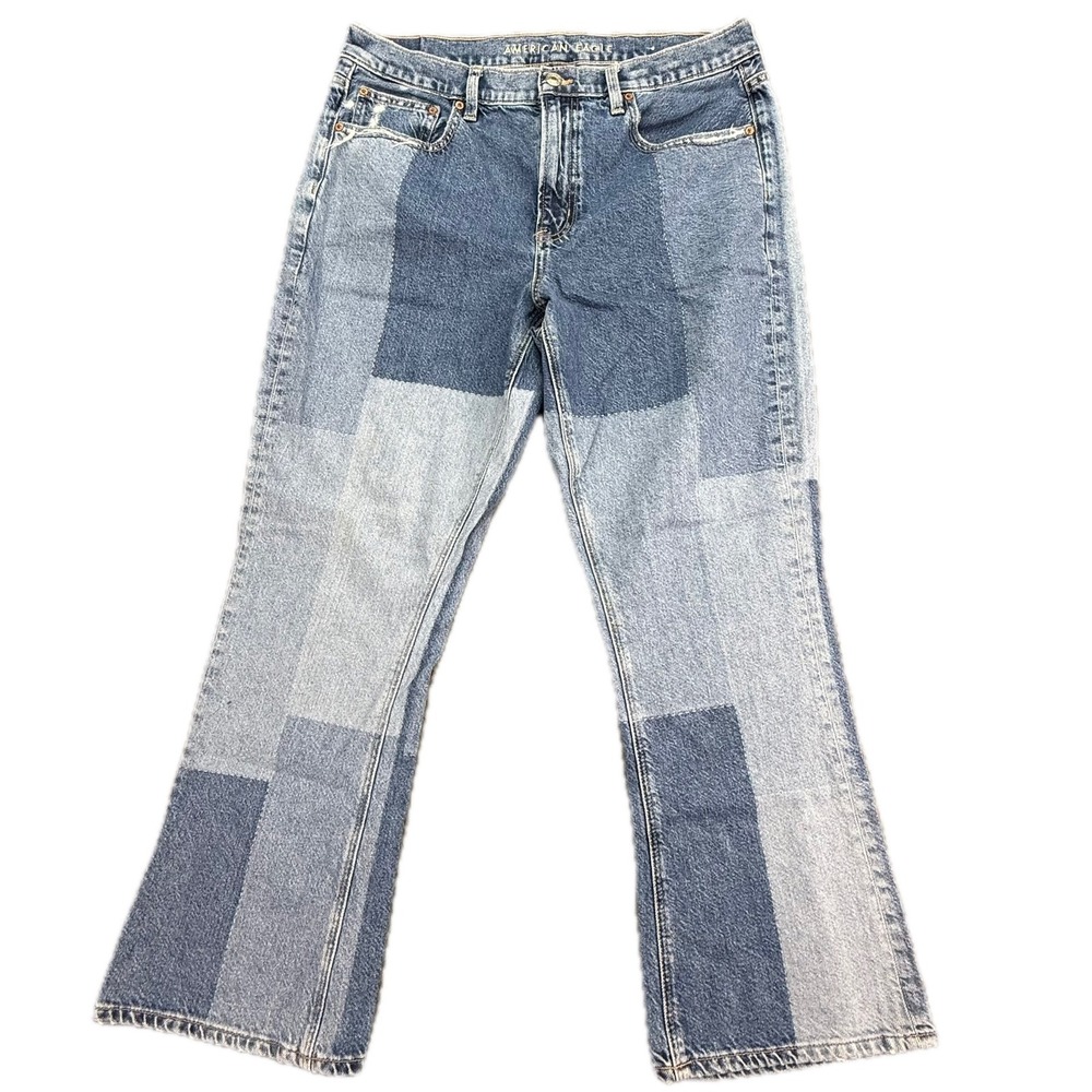 American Eagle Jeans Womens 12 Short Blue 90s Bootcut Patchwork High Rise Denim